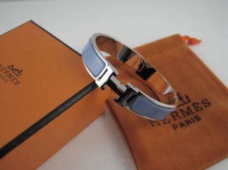 Hermes Blue Enamel Clic H Bracelet Narrow Width (12mm) In Silver